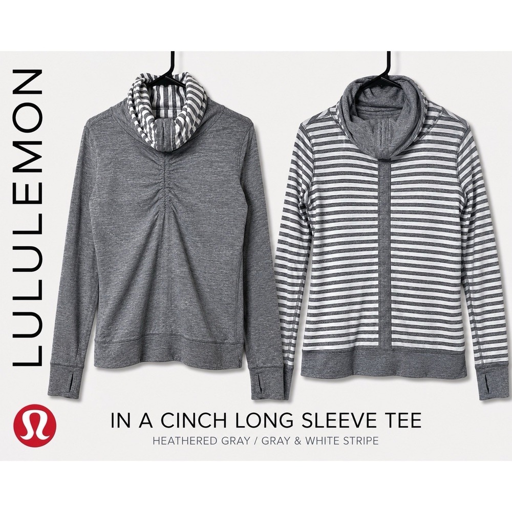Lululemon In A Cinch Reversible Long Sleeve Tee Gray Stripe Cowl Neck Size 8